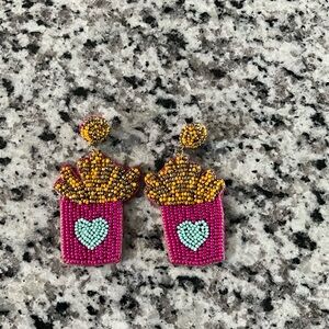 Beaded Pink French Fries Drop Earrings with Mint Heart